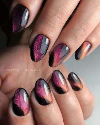 black, gold, and purple Cat Eye Nails