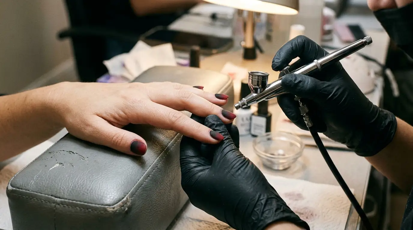 Airbrushed Soft Black-to-Red Fade on Natural Nails