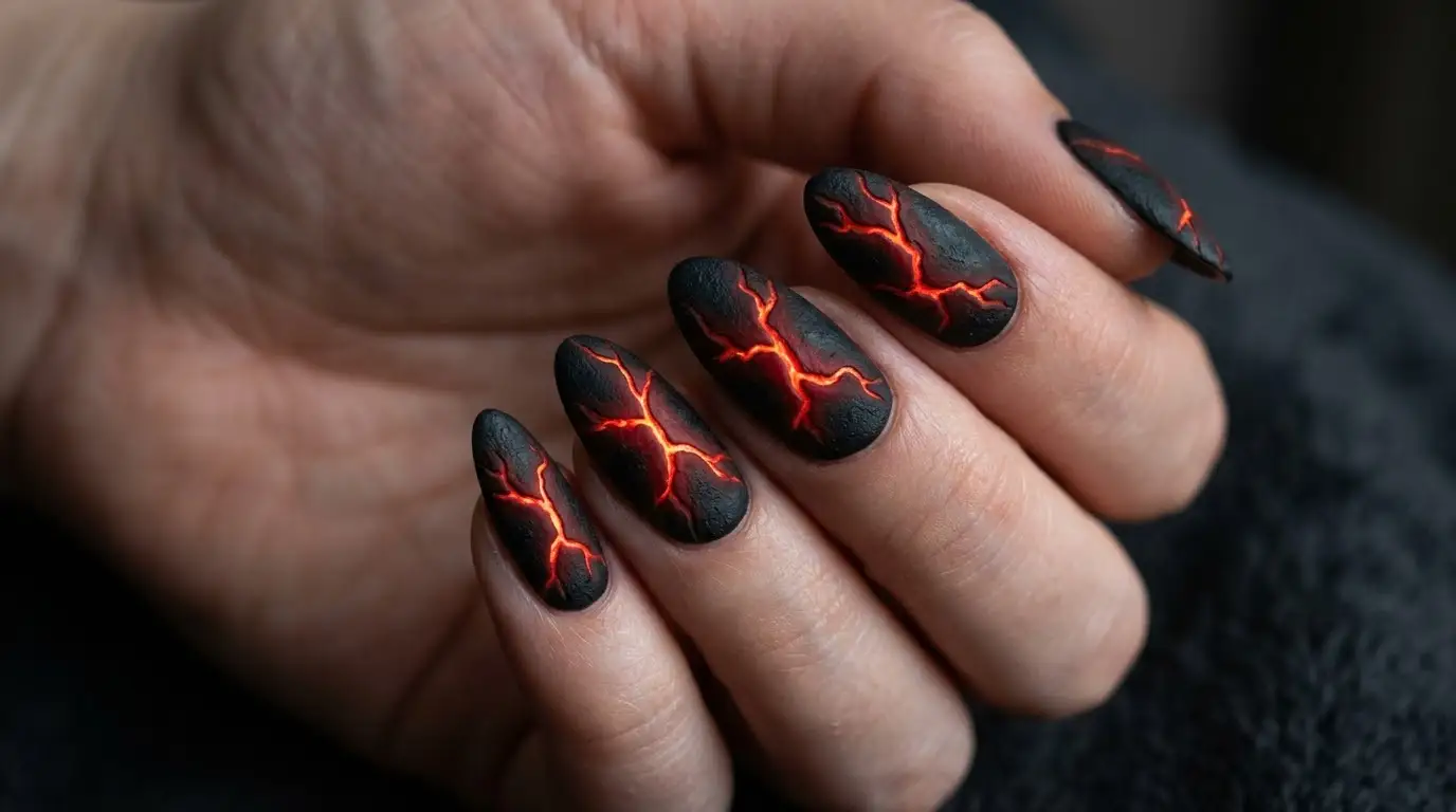 Lava Crack Nails with Glowing Red Seams