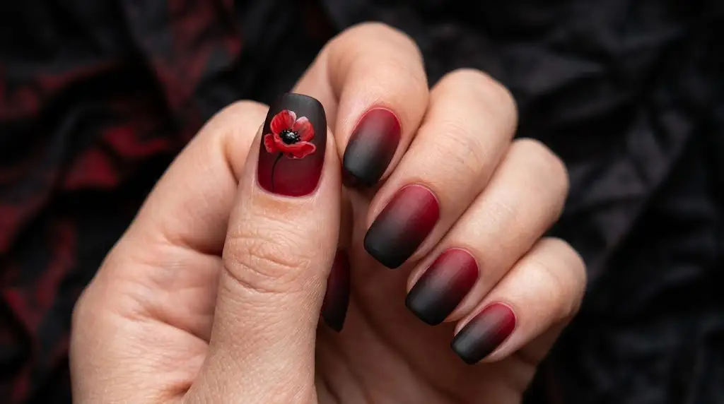 Red Poppy with a Black Center on a Black-to-Red Fade