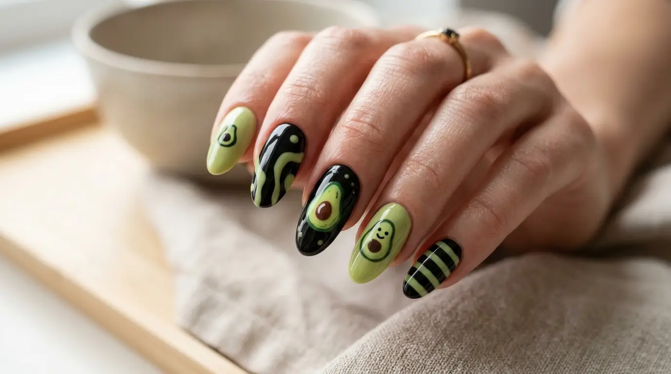 Black And Avocado Green Nails