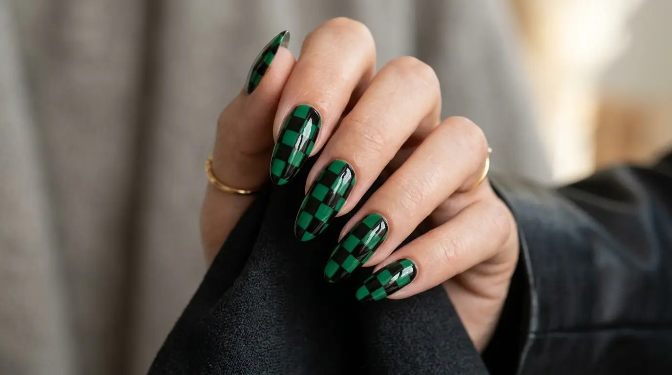 Black And Green Checkered Nails