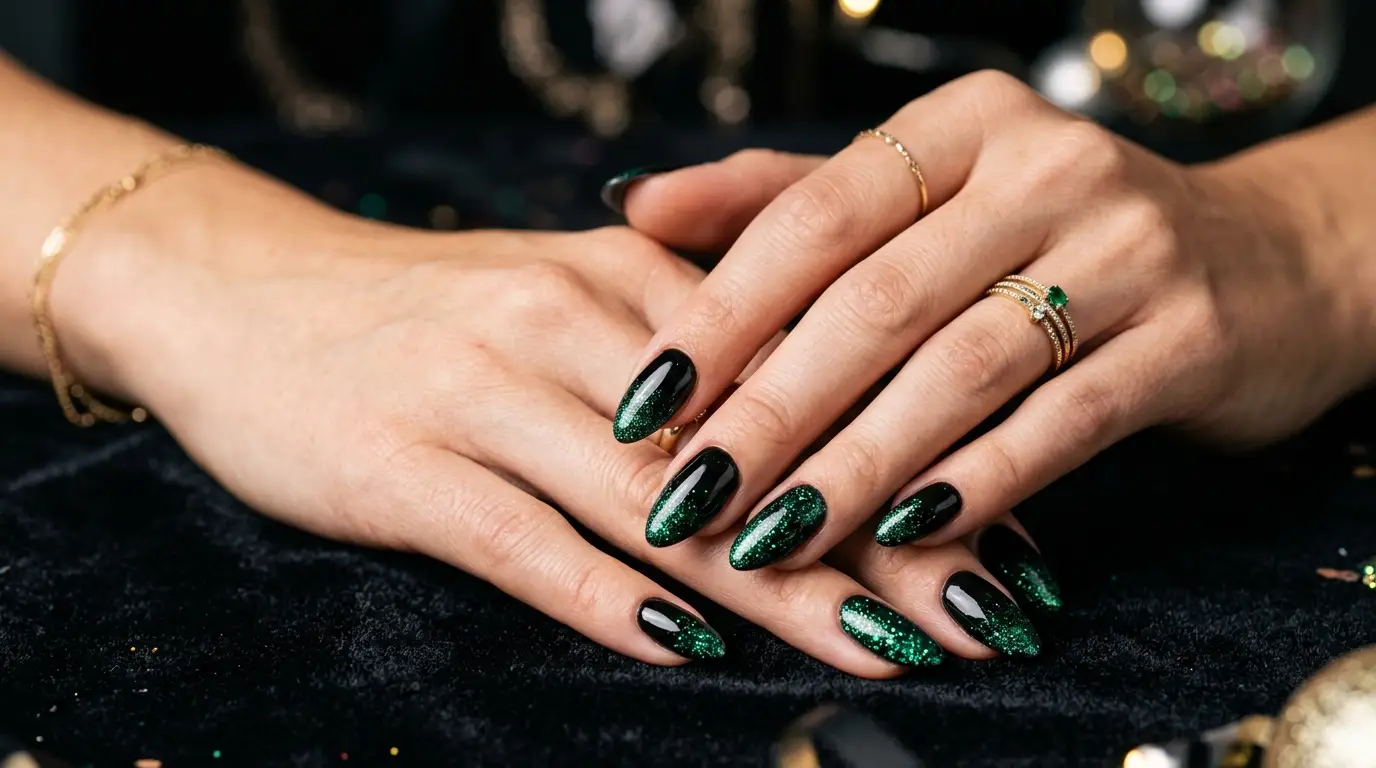 Black And Green Glitter Nails
