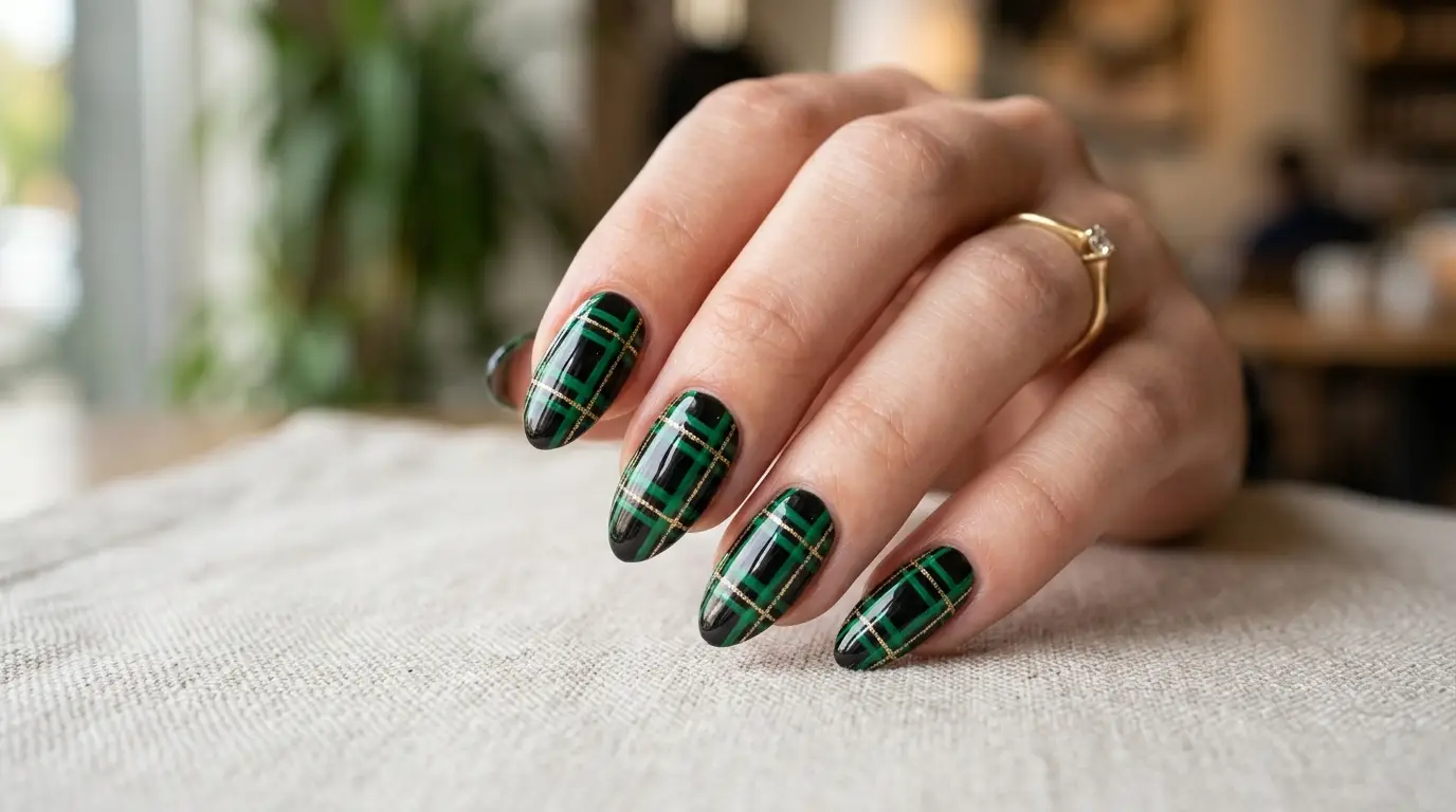 Black And Green Plaid Nails
