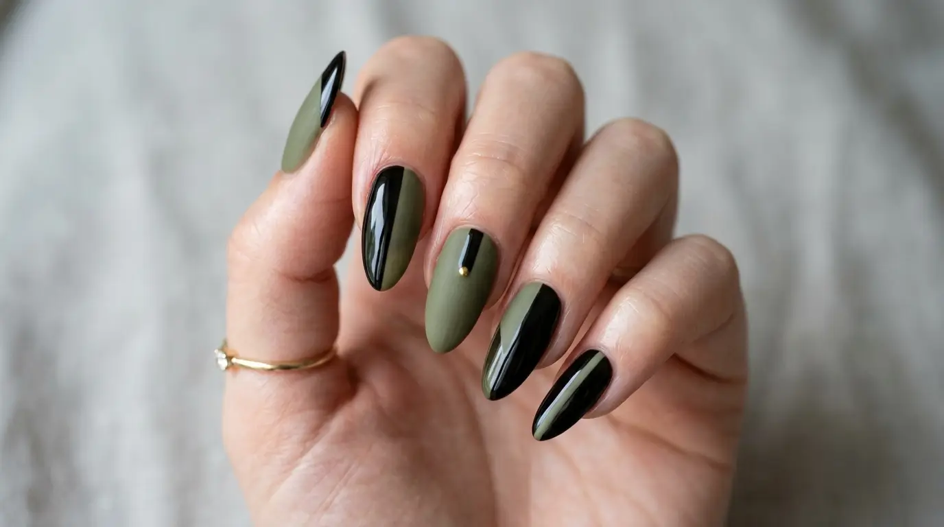 Black And Khaki Green Nails