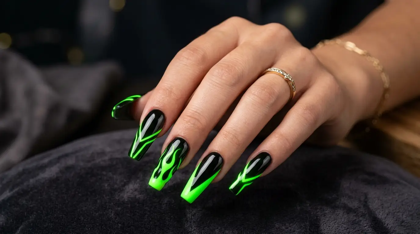 Black And Neon Green Nails