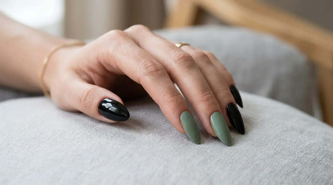 Black And Sage Green Nails
