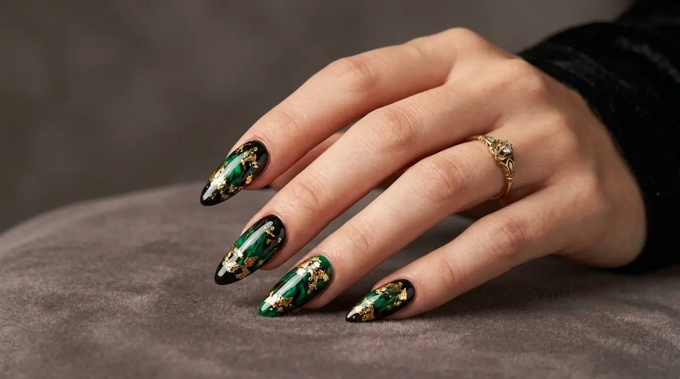 Black With Green And Gold Foil Nails