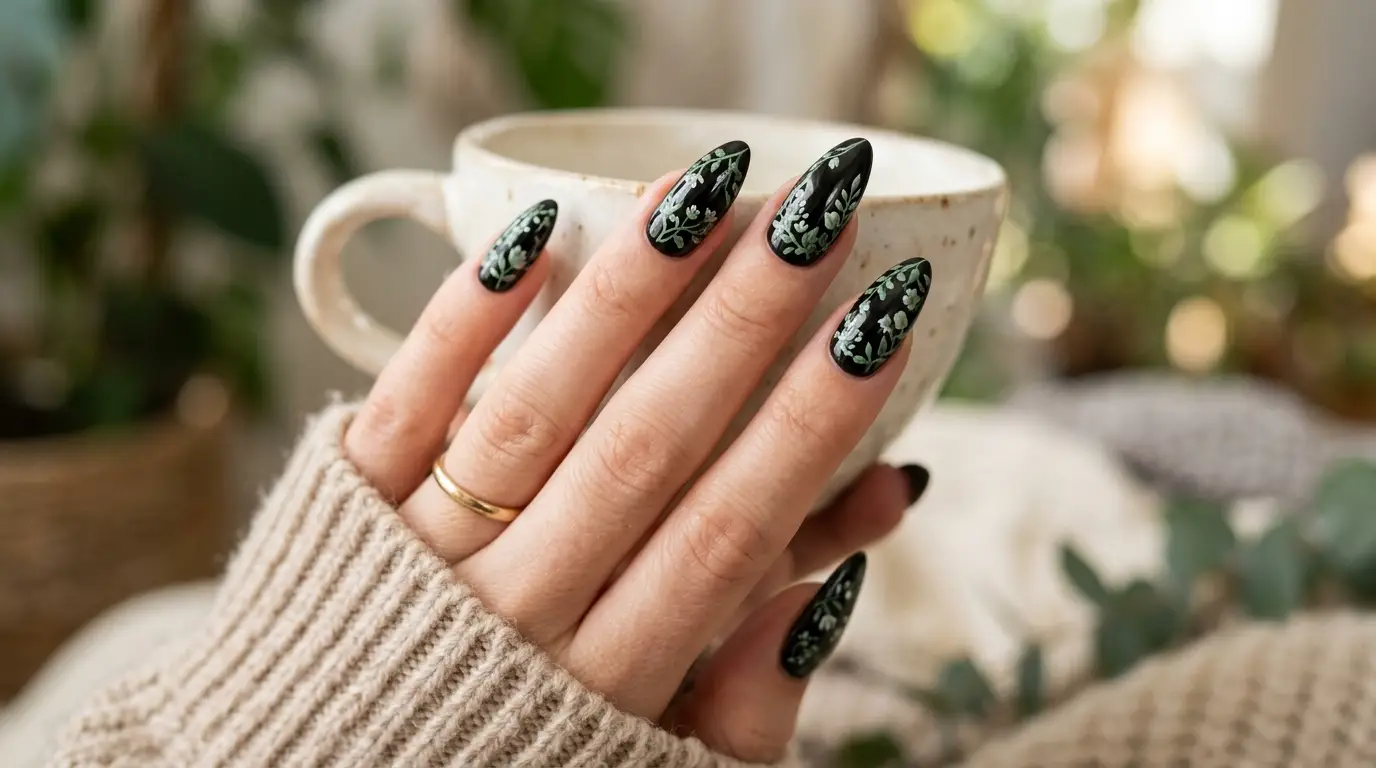 Black With Green Floral Nail Designs