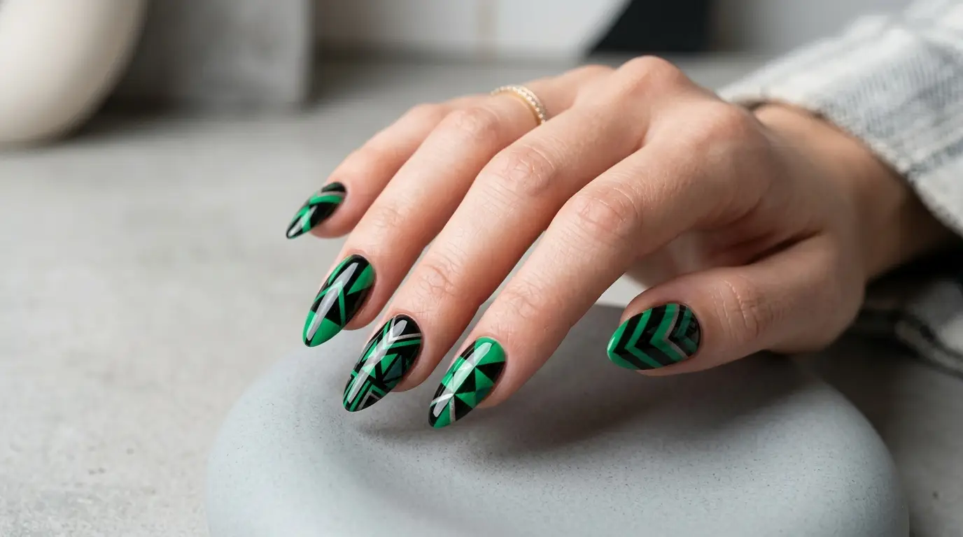Black With Green Geometric Nail Patterns