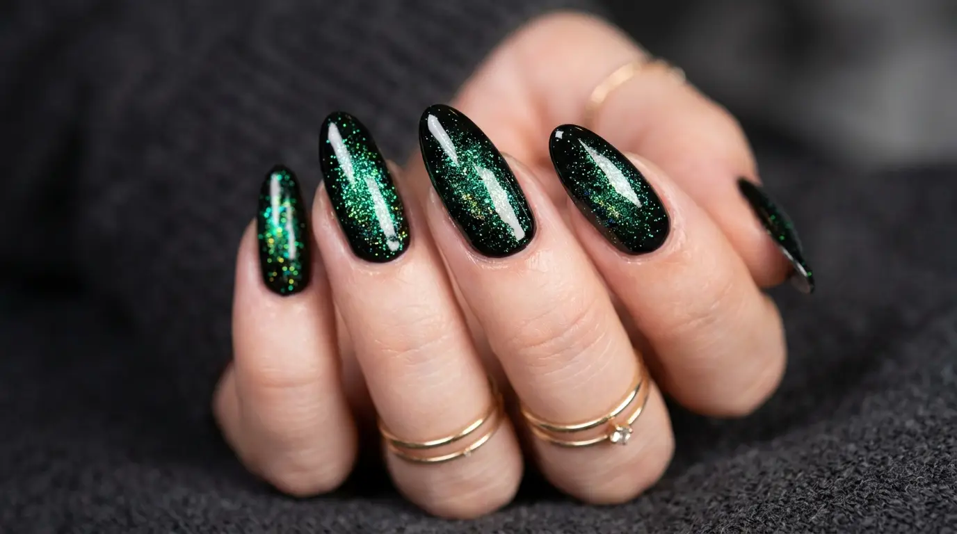 Black With Green Holographic Nail Accents