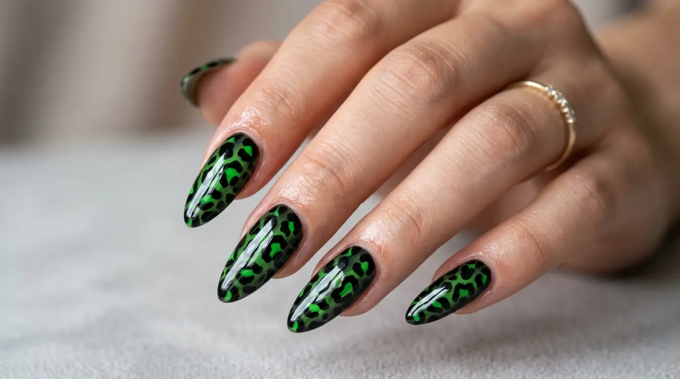 Black With Green Leopard Nail Print