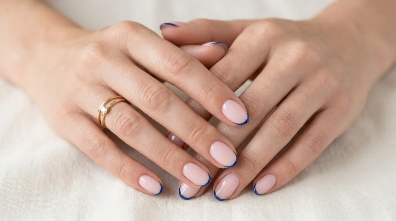Milky Pink Nails with Thin Navy Micro French Tips