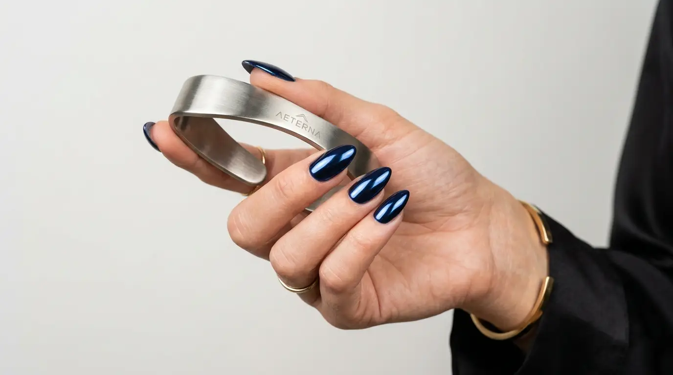 Navy Chrome Mirror Almond Nails
