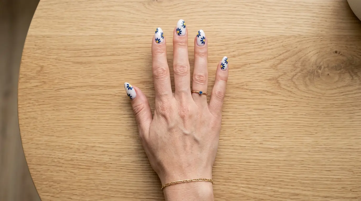 Navy Daisy Dot Nails on Milky White