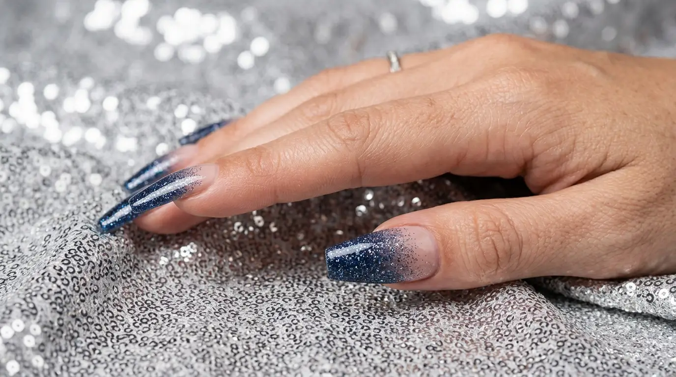 Navy Glitter Gradient Coffin Nails