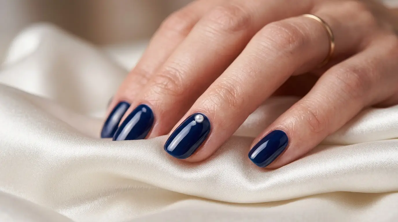 Navy Nails with Tiny Pearl Accents