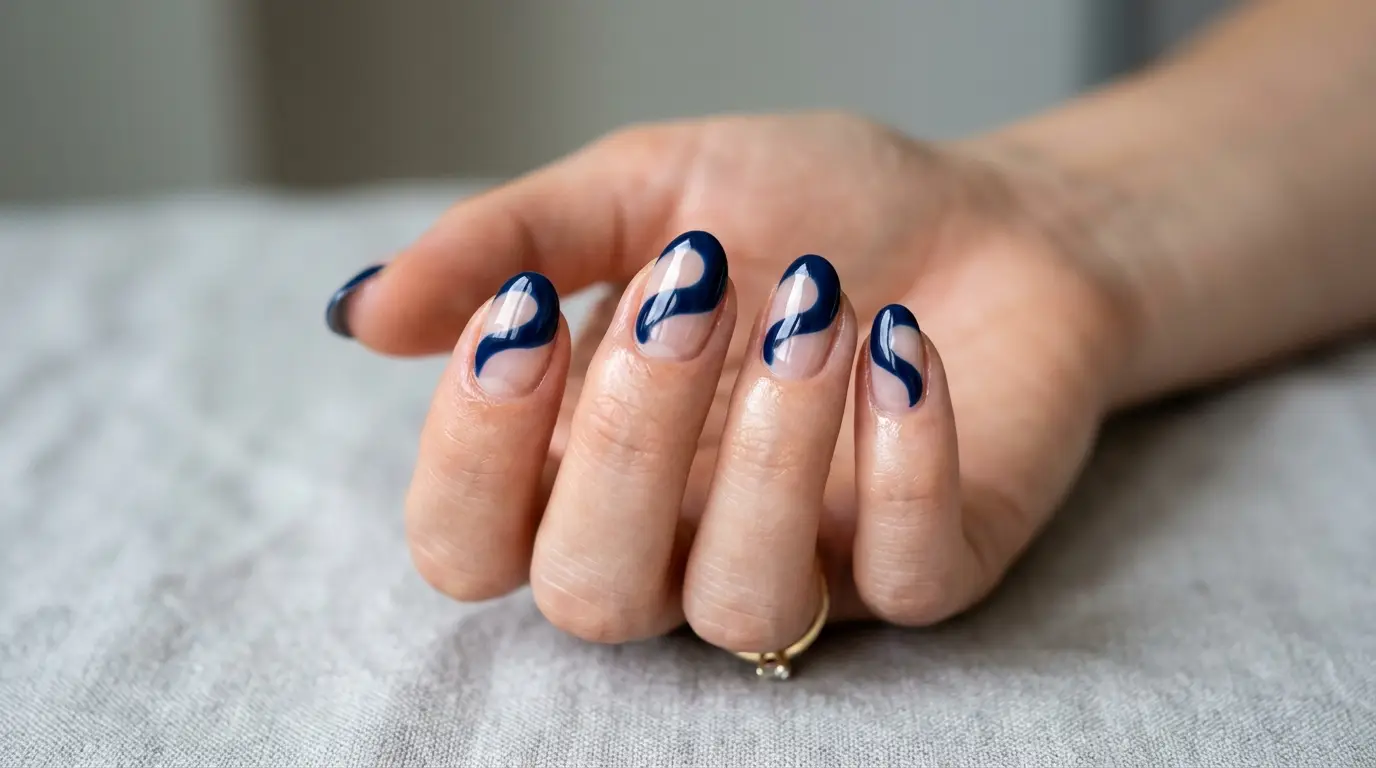 Navy Negative Space Wave Nails