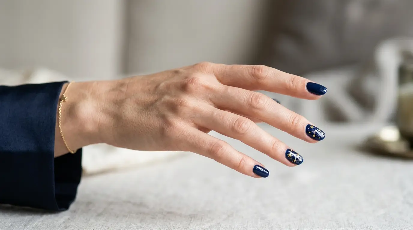 Navy Starry Night Nails with Gold Dots
