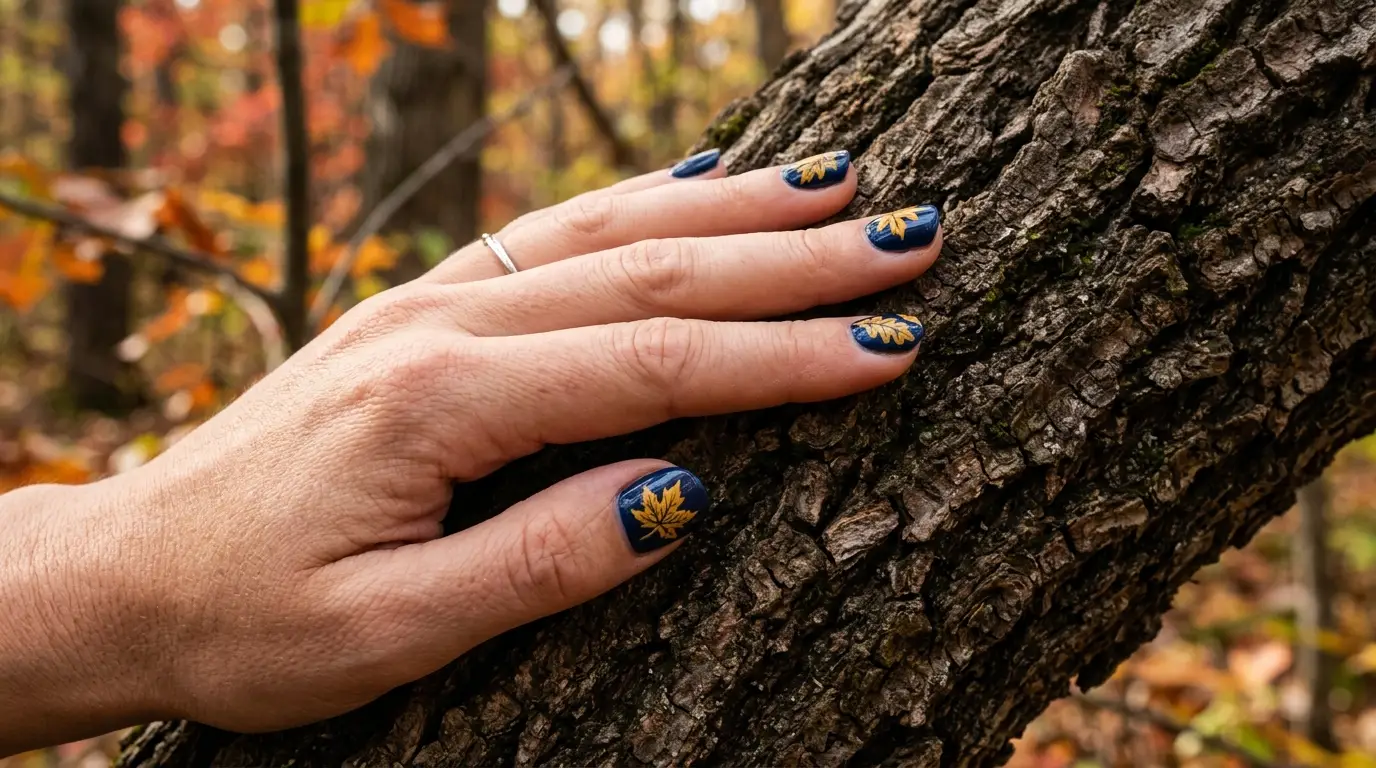 Navy and Mustard Fall Leaf Nails
