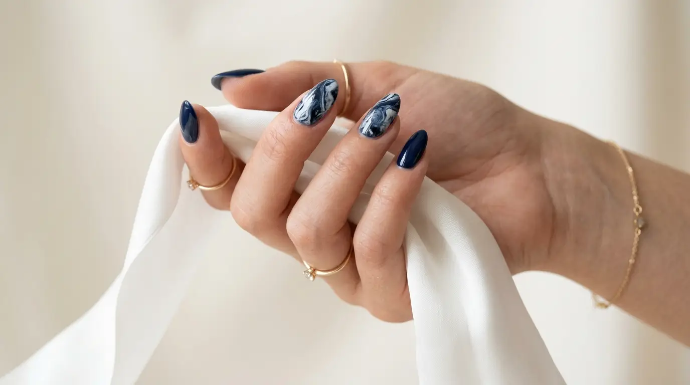 Navy and White Marble Swirl Nails