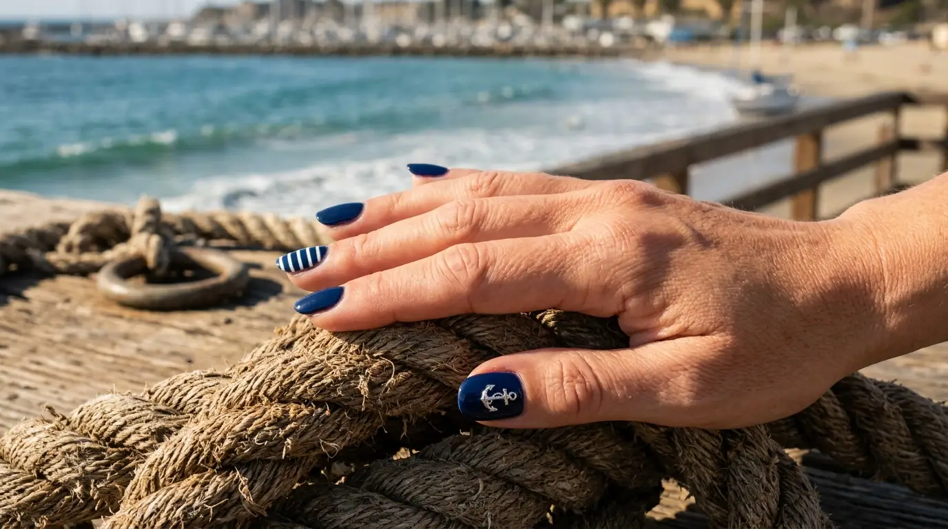 Navy and White Sailor Stripe Nails