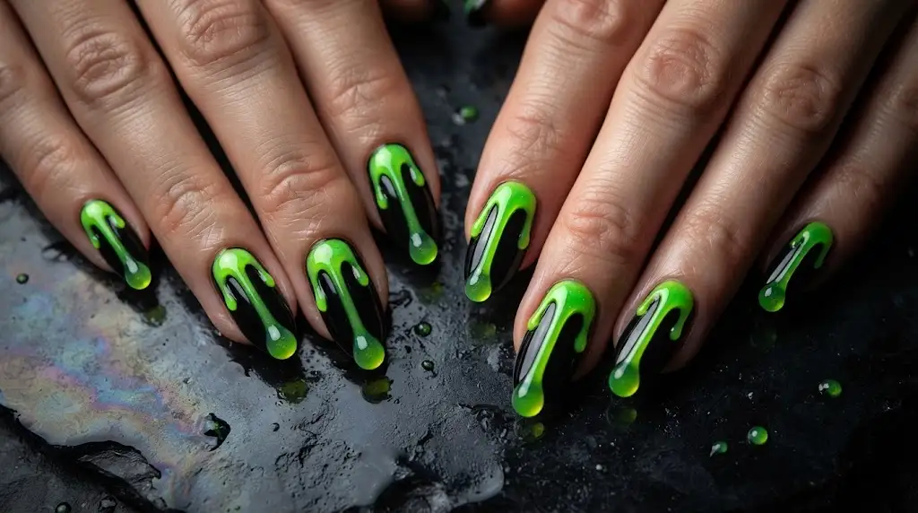 Green Slime Drip Almond Nails