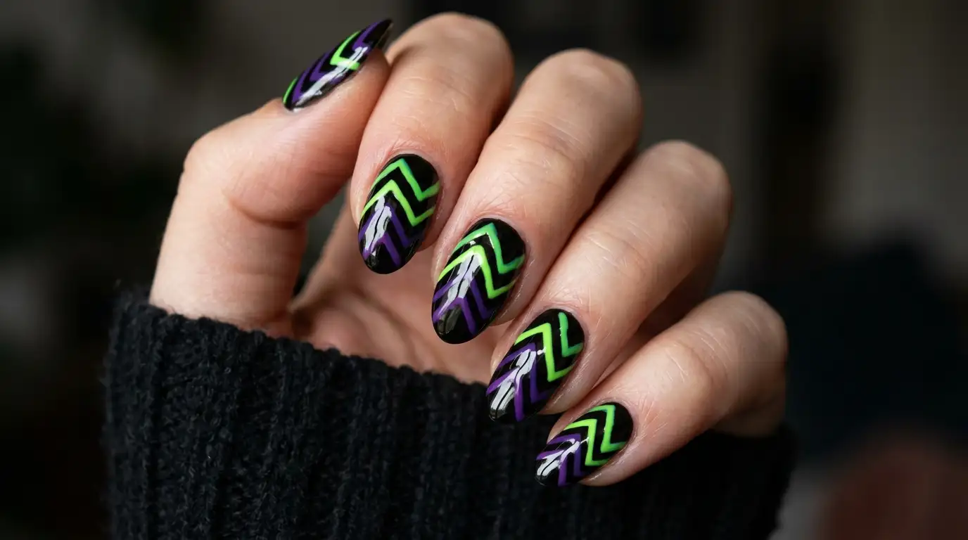 Green and Purple Zigzag Stripe Nails