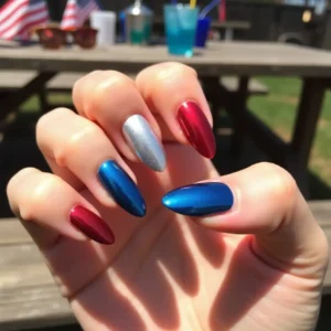 Shiny Fourth of July Chrome Nails