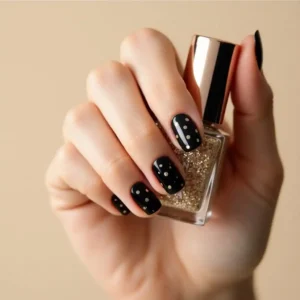 Black Nails with Gold Dots Black Nails with Gold Dots