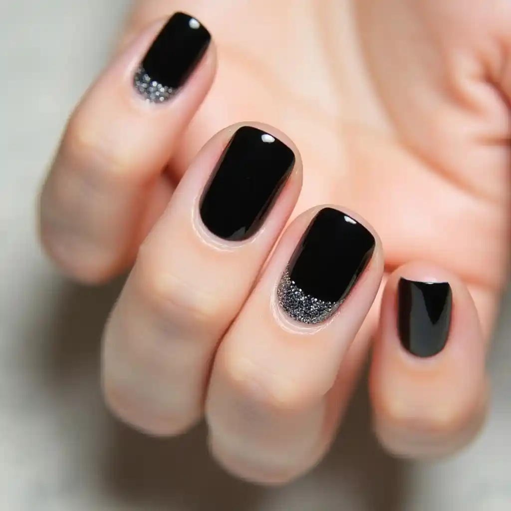 Short Black Nails with Glitter