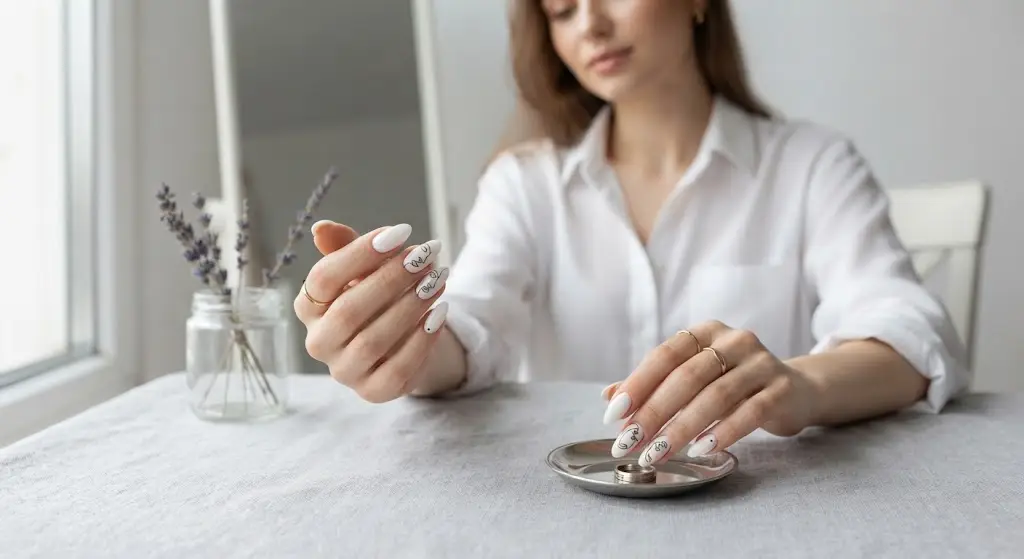 Abstract face line art on white nails