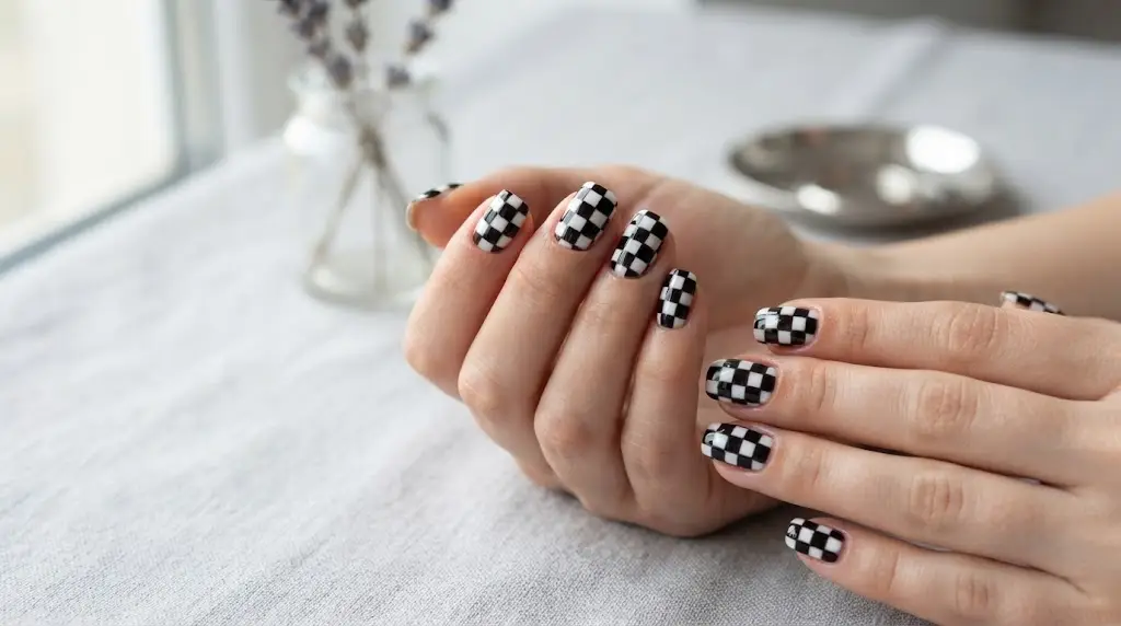 Black and white checkerboard nail art on square nails