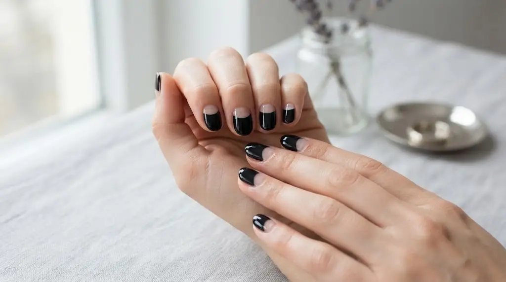 Black crescent moon negative space nail art