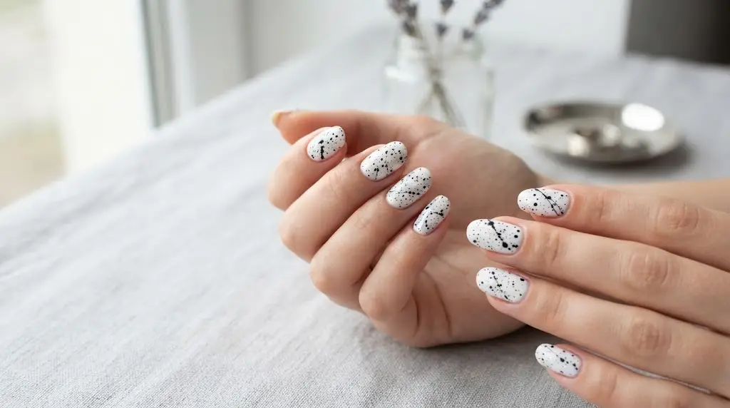 Black ink splatter on white nails