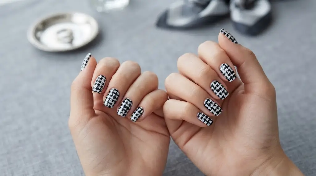 Houndstooth pattern black and white nails