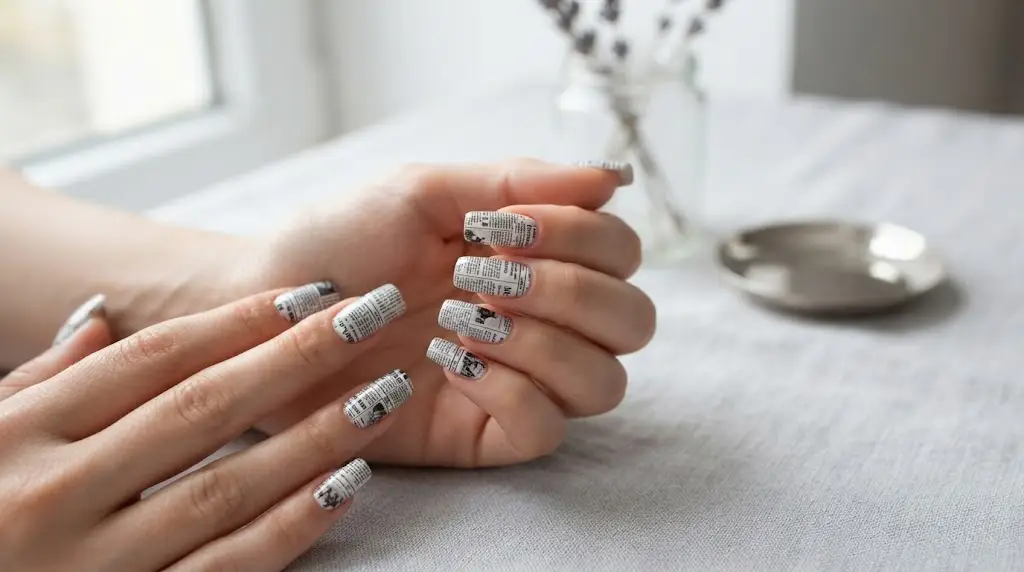 Newspaper print nail art with small black text on white nails