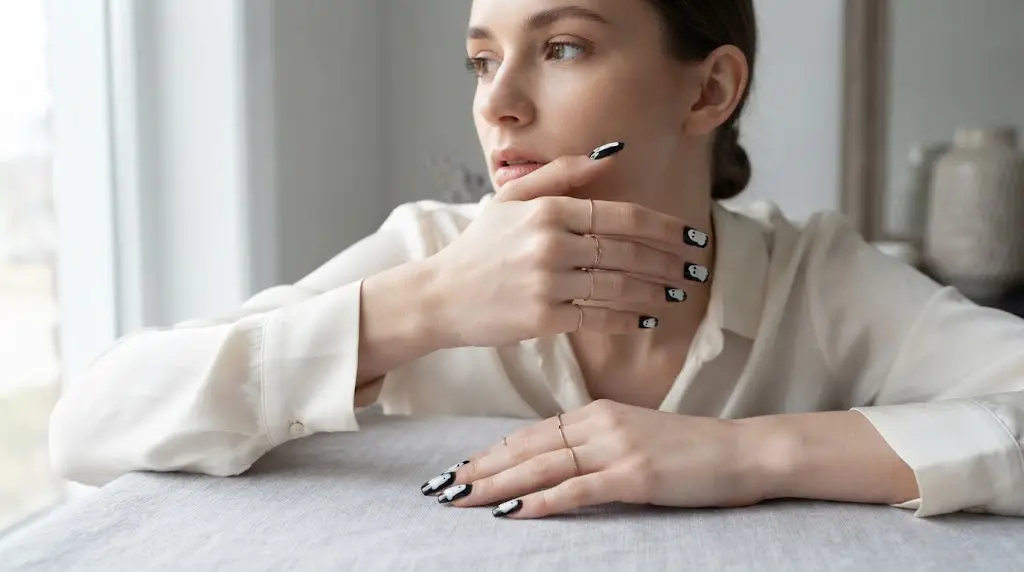 White ghost design on black nails