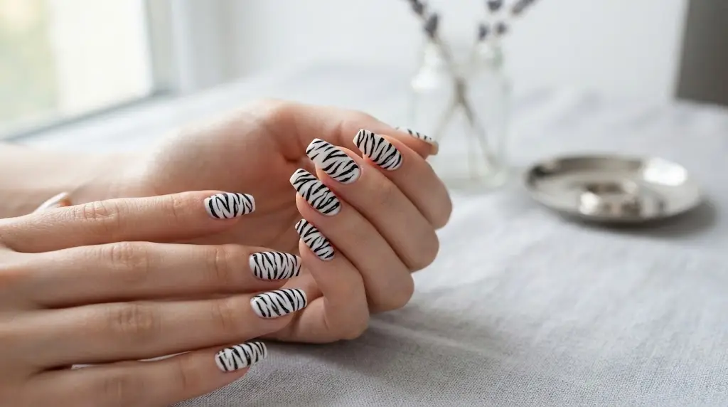 Zebra stripe black and white nails on a white base