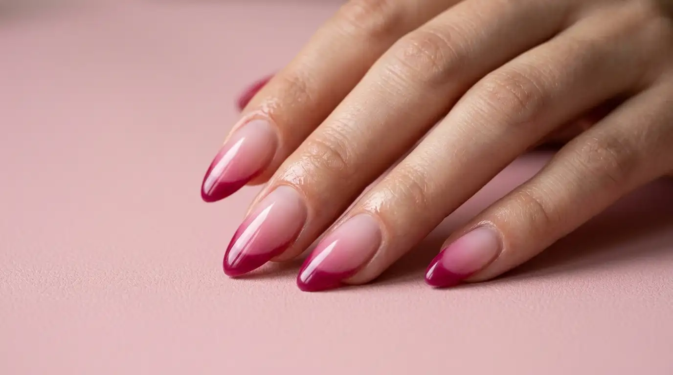 Almond shaped pink ombre French tip nails