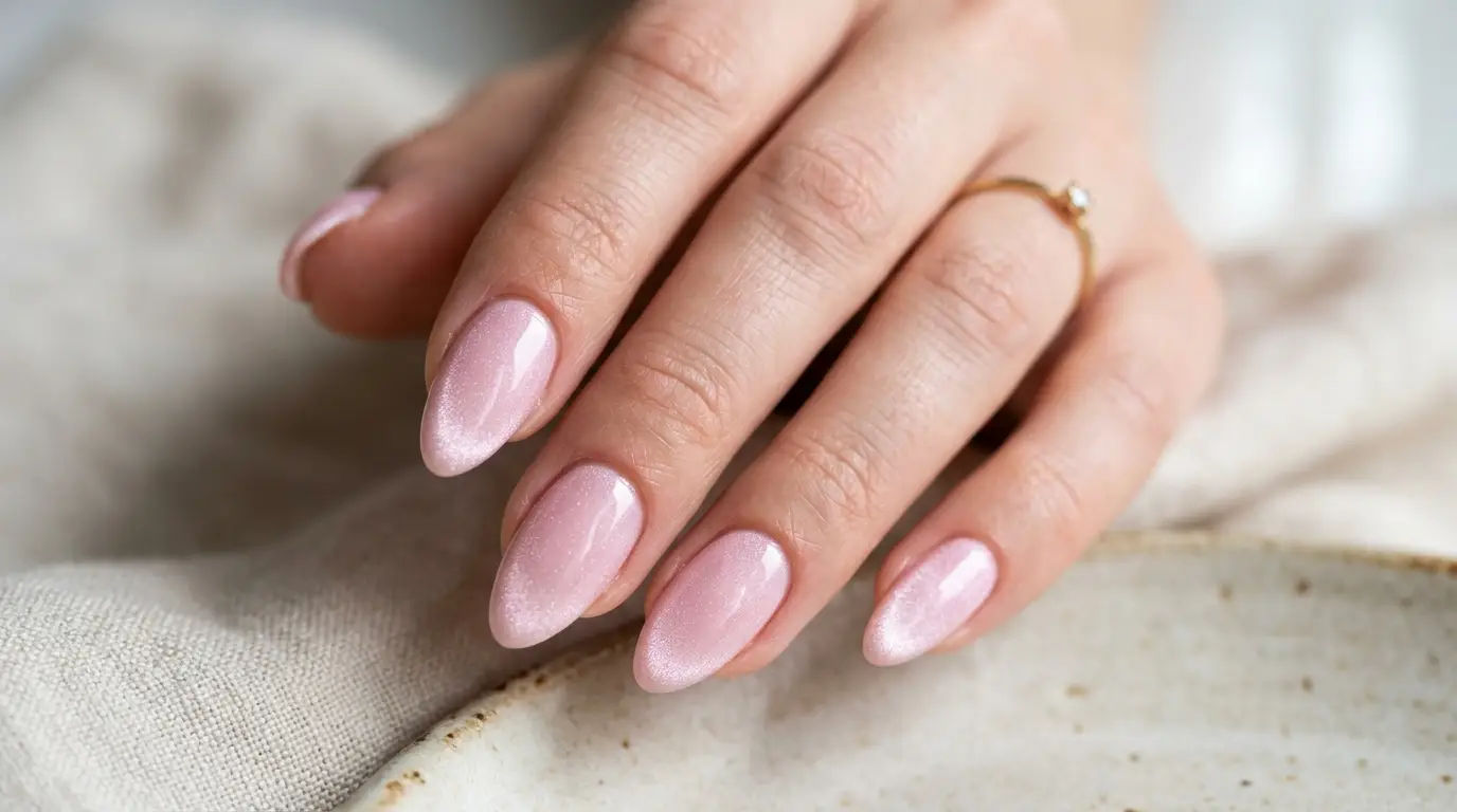 Baby Pink Cat Eye Almond Nails