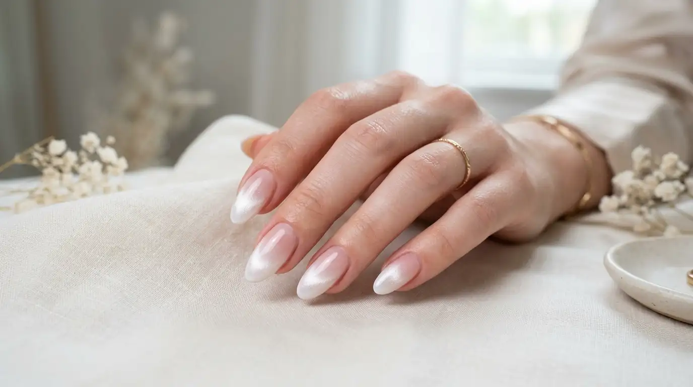 Baby boomer ombre white cat eye French tip nails