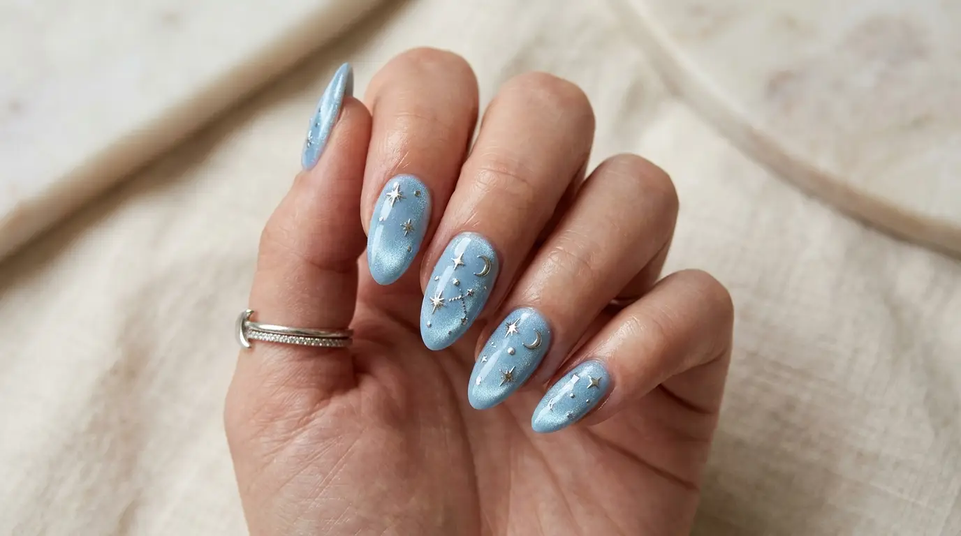 Blue Cat Eye Nails with Silver Stars