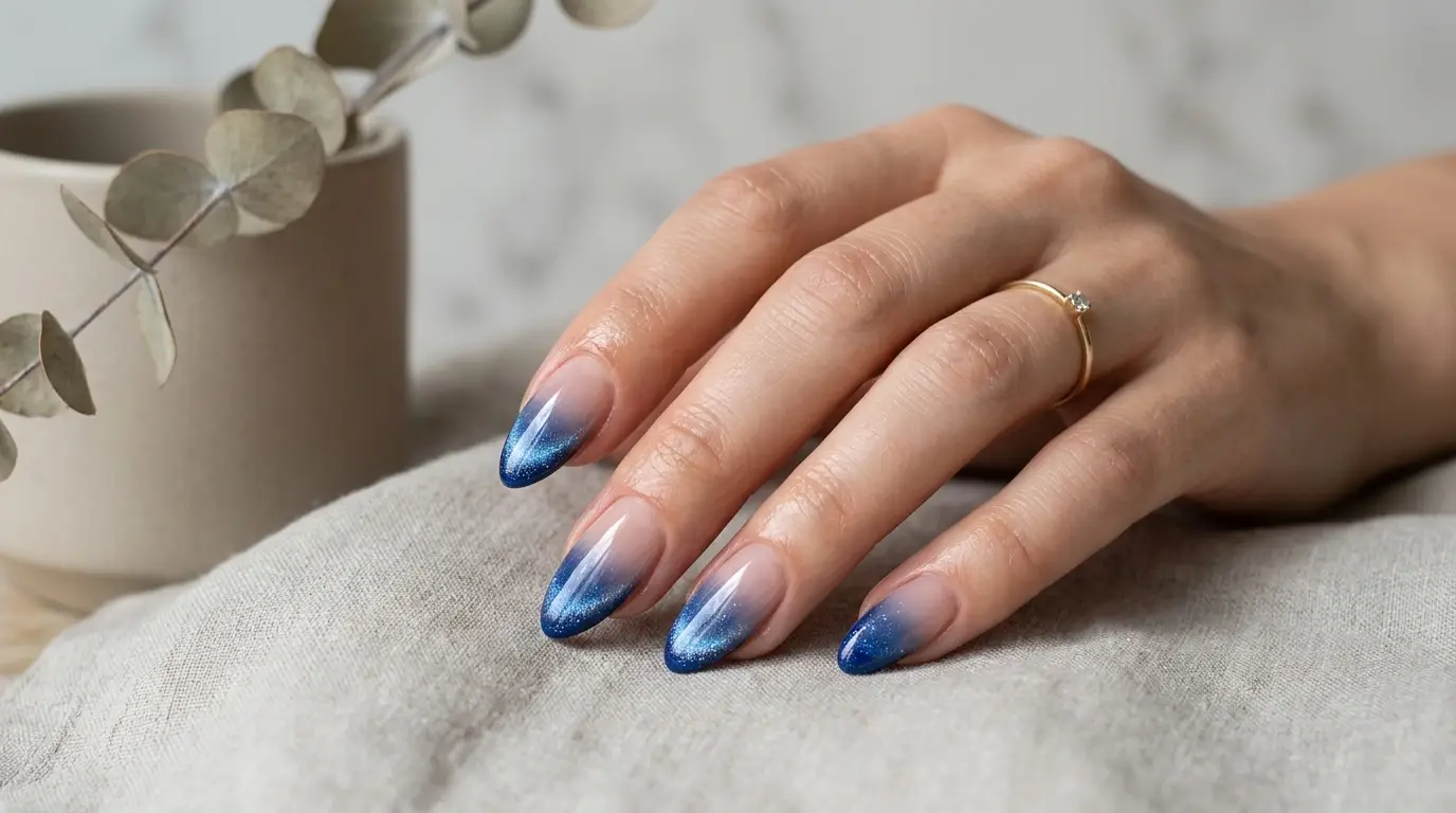 Blue Cat Eye Ombre Tip Nails