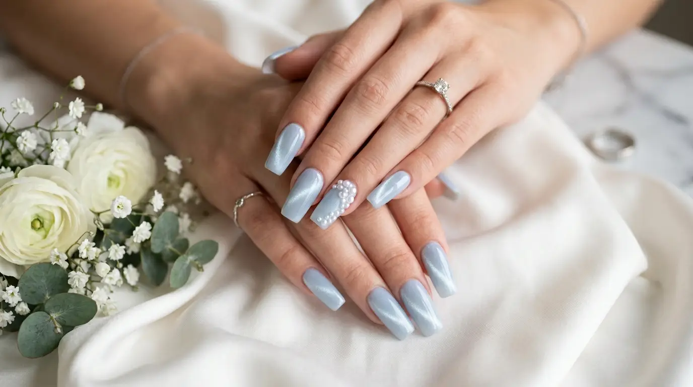 Blue Cat Eye Wedding Nails