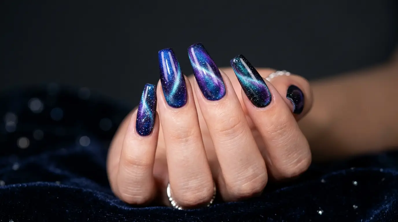 Blue and Purple Galaxy Cat Eye Nails