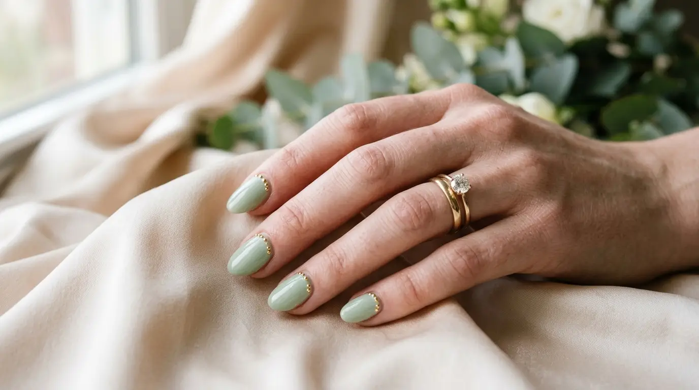 Bridal Green Nails Set with Gold Micro Gems