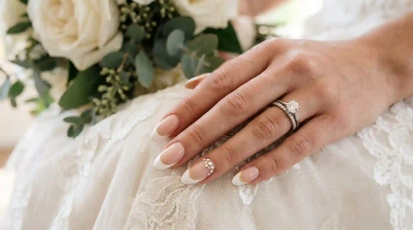 Bridal white french tip nails with a gold outline and rhinestones