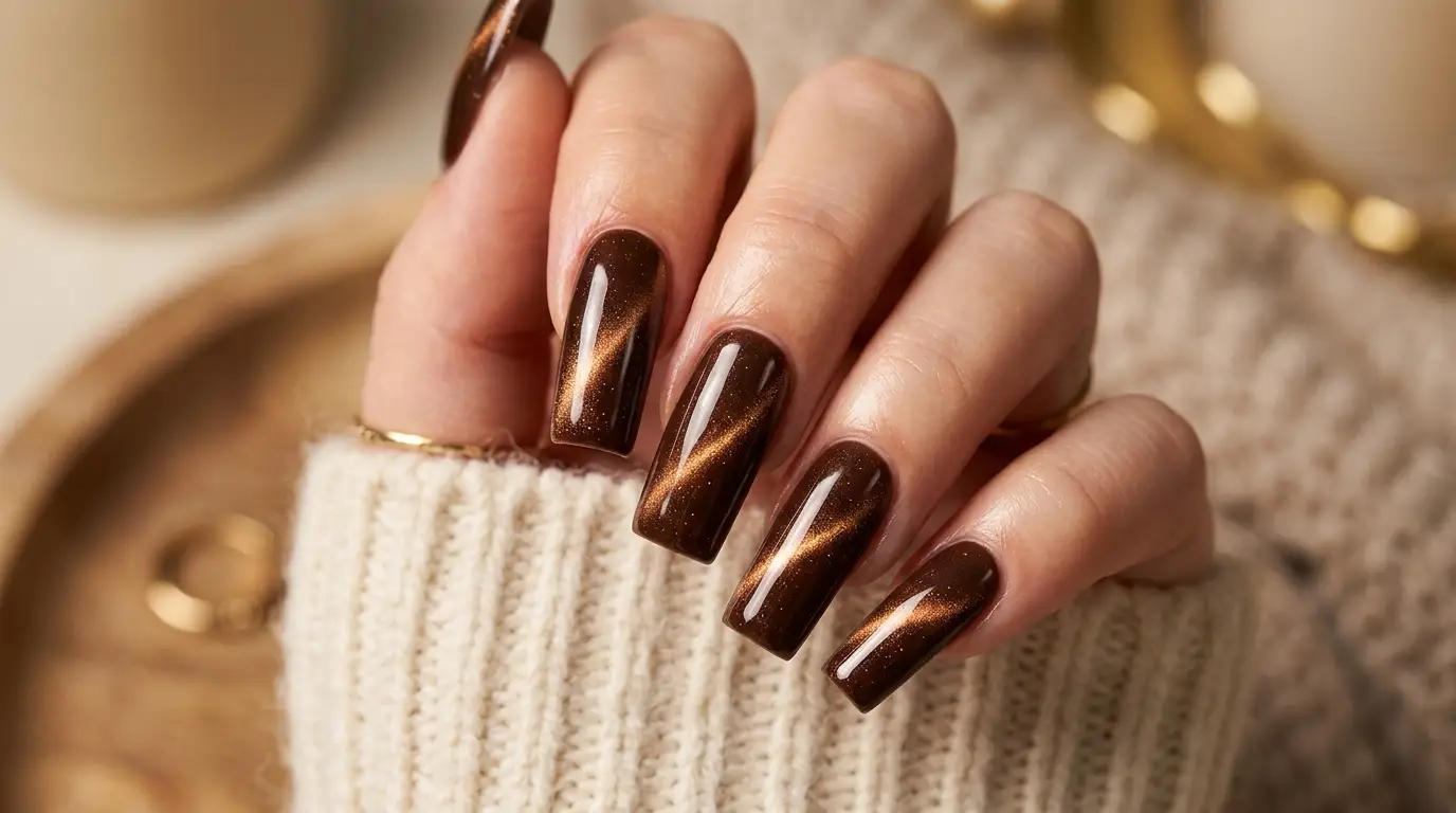 Chocolate Brown Cat Eye Nails