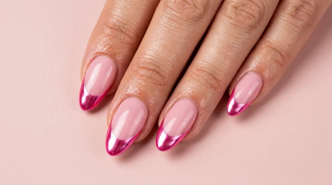 Chrome pink on pink French tip nails with mirror shine